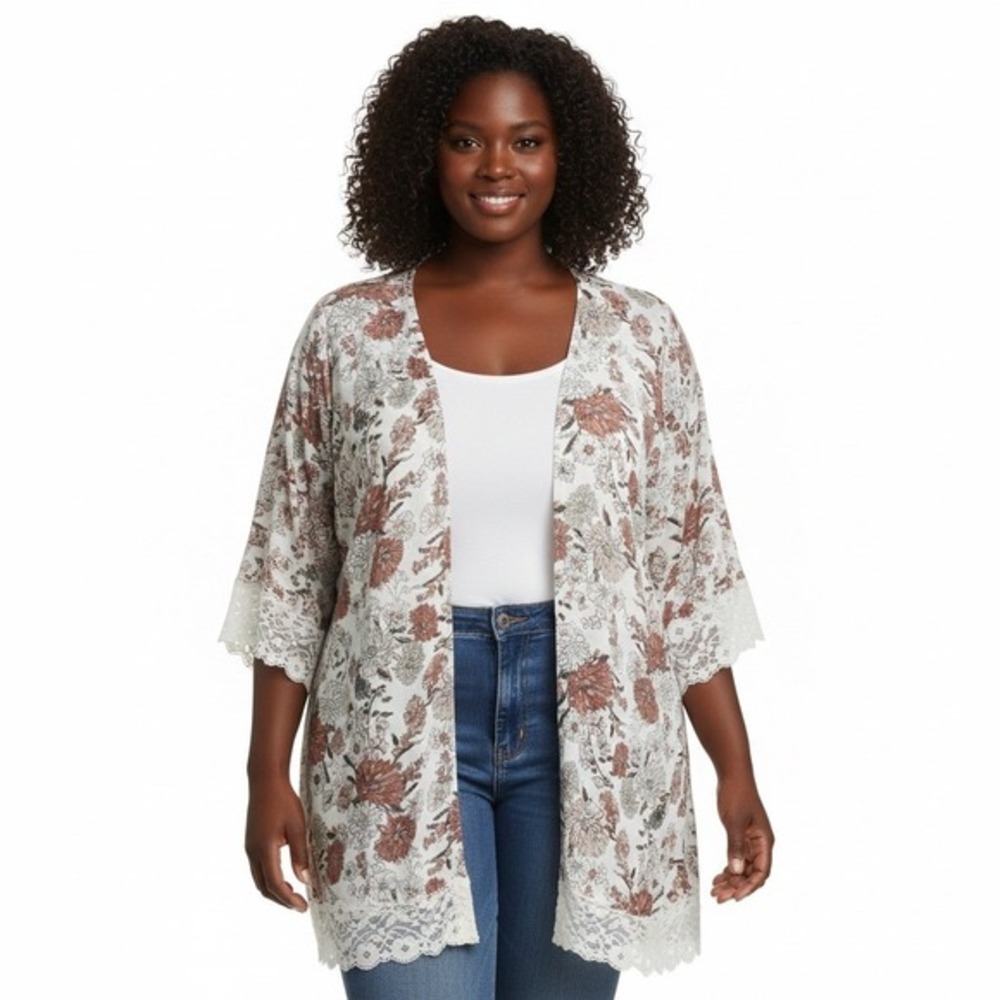 Belle du Jour Floral Print Kimono Cardigan Lace Trim Women's Plus Size 2X